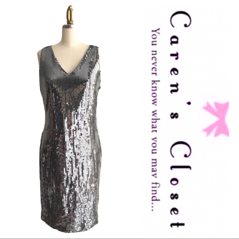 NWT Carmen Marc Valvo Silver Sequin Cocktail Dress